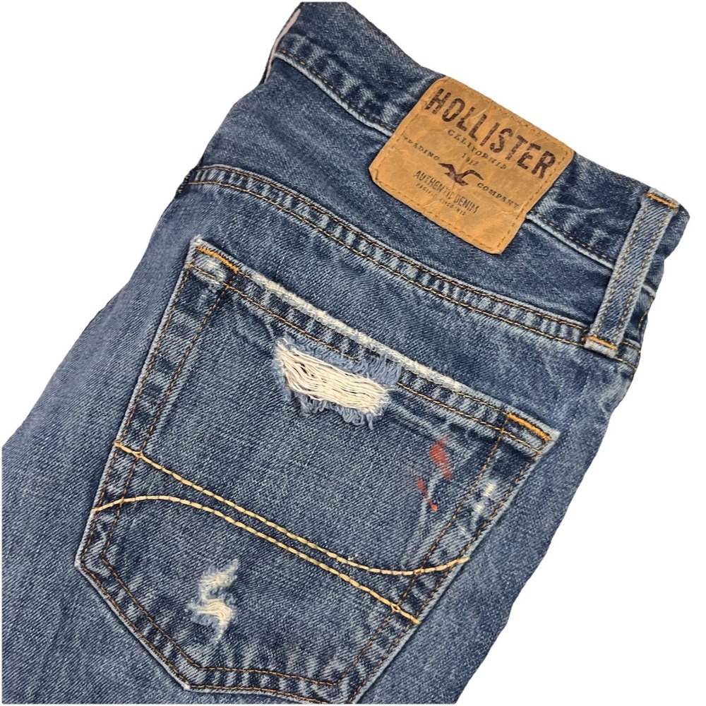 Hollister Slim Straight Jeans Men's 31x32 Blue Medium Wash Button Fly Distressed